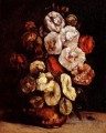 Roses trémières dans un bol de cuivre peintre Gustave Courbet Fleurs impressionnistes